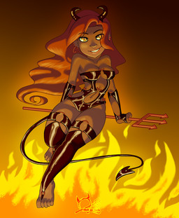 breasts clothing dark_body dark_skin ear_piercing female fire footwear hair hell horn latex legwear lipstick long_hair makeup melee_weapon not_furry piercing polearm red_hair smile socks solo spade_tail tail toeless_footwear toeless_socks trident weapon yellow_eyes gusana demon human humanoid mammal 2011
