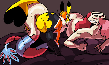 ambiguous_penetration anthro bed clenched_teeth clothing coiling cosplay_pikachu_(costume) duo female fist furniture male male/female penetration pillow pillow_grab size_difference teeth upbeat_(artist) nintendo pokemon pikachu_libre generation_3_pokemon milotic pokemon_(species) absurd_res hi_res