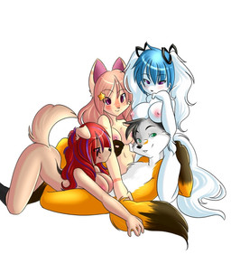 anthro blue_hair boob_hat breasts female fur green_eyes group hair harem light_body light_fur looking_at_viewer male nipples orange_body orange_fur purple_eyes red_hair tail white_body white_fur spazzykoneko canid canine felid fox mammal digital_media_(artwork) shaded