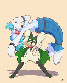 ambiguous_gender anthro blue_eyes blue_hair bracelet choice_band clothing collar duo fangs featureless_crotch fishnet_clothing fishnet_tailwear flat_chested fur furgonomic_piercing furgonomics gem green_body green_fur green_hair hair holding_another jewelry looking_at_viewer open_mouth paws pearl_(gem) piercing pink_eyes simple_background smile spiked_bracelet spiked_collar spikes split_form starfish_(accessory) tail tail_clothing tail_piercing teeth tongue white_body razgrizdl nintendo pokemon krys_(razgrizdl) rose_(razgrizdl) aquatic asterozoan echinoderm felid feline generation_7_pokemon generation_9_pokemon mammal meowscarada pokemon_(species) primarina starfish 2026 digital_media_(artwork) hi_res signature female_(lore)