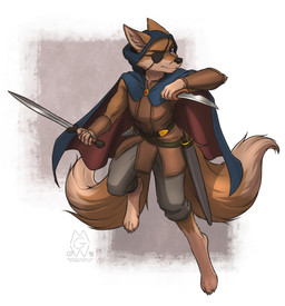 2_tails 4_toes 5_fingers anthro armor barefoot belt biped black_eye_patch black_eyewear black_nose blue_eyes bottomwear breasts brown_body brown_clothing brown_ears brown_eyebrows brown_fur brown_tail brown_topwear claws cloak clothed clothing countershade_face countershade_feet countershade_hands countershade_torso countershading dagger digitigrade dipstick_tail dual_wielding eye_patch eyebrows eyewear feet female fingers front_view fur fur_tuft grey_bottomwear grey_clothing grey_pants holding_dagger holding_melee_weapon holding_object holding_sword holding_weapon inner_ear_fluff iris looking_at_viewer markings medium_breasts melee_weapon multi_tail multicolored_body multicolored_fur multicolored_tail pants pointy_ears prick_ears pupils purple_eyes simple_background smile smirk solo sword tail tail_markings tan_body tan_claws tan_countershading tan_fur tan_inner_ear tan_tail text toe_claws toes topwear tuft two_tone_body two_tone_fur two_tone_tail vambrace weapon white_background mykegreywolf canid canine fox mammal 2018 digital_media_(artwork) full-length_portrait hi_res portrait signature url