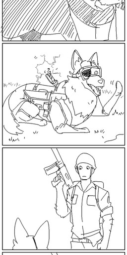 armor backpack beard clothing dialogue electricity exclamation_point eye_patch eyewear facial_hair feral gesture group gun headgear helmet humor imminent_death knife male military open_mouth ranged_weapon scar sharp_teeth soldier teeth text trap_(contrivance) uniform warrior waving weapon sepiascribe konami metal_gear phantom_pain d-dog venom_snake canid canine canis human mammal wolf black_and_white comic digital_drawing_(artwork) digital_media_(artwork) english_text hi_res monochrome