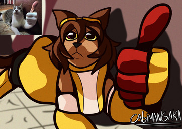 5_fingers armwear bottomwear brown_body brown_fur brown_hair cat_tail clothed clothing curimeme eyewear eyewear_on_head female feral fingers flop fur furniture gesture goggles goggles_on_head gold_(metal) hair hand_gesture humor legwear pants sofa solo tail tan_body thumbs_up yellow_clothing yellow_eyewear yellow_goggles cabimangaka gameoverse glitch_productions kit_bodega domestic_cat felid feline felis human mammal absurd_res draw_over hi_res meme redraw reference_image shaded signature