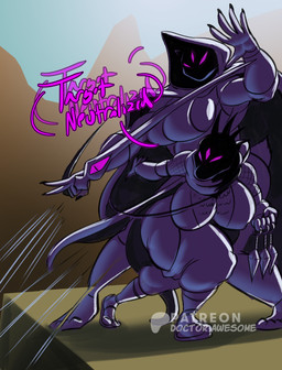 3_eyes anthro anthrofied archer big_breasts big_butt biped bow_(weapon) breasts butt cleavage clothed clothing duo female kunai multi_eye ninja ranged_weapon rooftop standing warrior weapon doctor_awesome unknown_species absurd_res hi_res