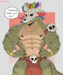 abs anthro biceps bottomwear clothing green_body loincloth male mask muscular muscular_anthro muscular_male nipples pecs skull_mask solo tail text ruffusbleu terraria witch_doctor_(terraria) lihzahrd lizard reptile scalie english_text hi_res