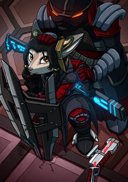 accessory amber_eyes anthro arrested black_clothing black_hair clothing duo female gun hair hair_accessory handgun inquest looking_back markings mask nude pistol ponytail railgun ranged_weapon red_clothing rifle sci-fi_shield shortstack weapon kitfox-crimson guild_wars aracthye asura absurd_res hi_res