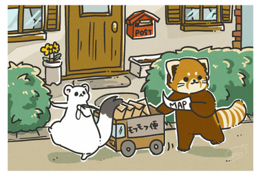 black_eyes chibi detailed_background dot_eyes duo feral flower outside plant simple_eyes text walking white_body shi_nominmin ailurid mammal mustelid musteline red_panda stoat true_musteline weasel 2023 hi_res japanese_text