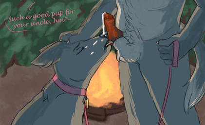 age_difference all_fours ambiguous_gender ambiguous_on_anthro animal_genitalia animal_penis anthro anthro_on_anthro anthro_on_feral bdsm bestiality bodily_fluids body_hair campfire camping canine_genitalia canine_penis collar cum cum_drool cum_on_face dialogue dominant dominant_anthro dominant_male dramatic_lighting drooling duo exhibitionism eyes_closed fellatio feral fire fur genital_fluids genitals grey_body grey_fur hand_on_head knot knotted_penis leash leashed_collar leashed_male licking lickjob male male/male nature nature_background oral outdoor_nudity outside_sex penile penis penis_lick petplay power_play pubes puppyplay roleplay saliva sex stated_incest tongue inertia_falls canid canine canis mammal wolf hi_res incest_(lore) nephew_(lore) uncle_(lore) uncle_and_nephew_(lore)