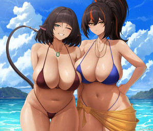 big_breasts bikini black_hair blue_bikini blue_clothing blue_swimwear breast_squish breasts breasts_frottage butt butt_from_the_front clothing collarbone duo ear_piercing ear_stud eyebrow_through_hair eyebrows eyelashes female glistening glistening_body glistening_breasts glistening_skin hair hand_on_hip highlights_(coloring) huge_breasts jewelry navel necklace one_eye_closed outside piercing ponytail red_bikini red_clothing red_highlights red_swimwear sarong smile squish swimwear thick_thighs thigh_gap translucent translucent_hair two-piece_swimsuit wide_hips wink yellow_eyes zaphn mihoyo zenless_zone_zero jane_doe_(zenless_zone_zero) zhu_yuan animal_humanoid human humanoid mammal mammal_humanoid murid murid_humanoid murine murine_humanoid rat_humanoid rodent rodent_humanoid thiren 2025 absurd_res hi_res