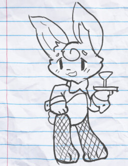 alcohol ambiguous_gender anthro beverage bow_tie bunny_costume clothing cocktail container costume cup drinking_glass fishnet_clothing fishnet_legwear glass glass_container glass_cup legwear playboy_bunny playboy_outfit plushie-like rabbit_ears serving simple_background simple_eyes solo tray buniidot lagomorph leporid mammal rabbit low_res