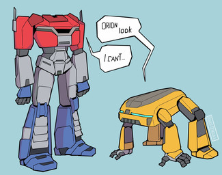 dialogue duo humor machine not_furry simple_background speech_bubble text what what_has_science_done seagull_horny hasbro takara_tomy transformers bumblebee_(transformers) optimus_prime humanoid robot 2025 artist_name english_text hi_res signature