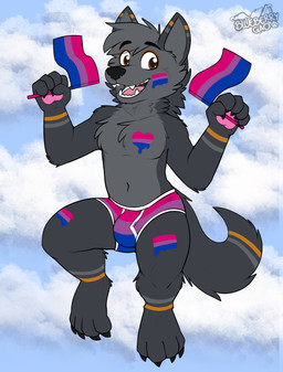anthro biped bisexual_pride_colors black_nose briefs brown_eyes bulge clothing ear_markings fur grey_body grey_fur lgbt_pride male male_anthro markings pawpads paws pride_colors solo tail tail_markings underwear gaokun lgbt_pride_month shadow_(shadow_fox) canid canine fox mammal absurd_res hi_res