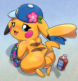 3_toes accessory anthro black_ear_tips black_nose blue_clothing blue_hat blue_headwear blush body_blush butt butt_blush clothing dipstick_ears ear_markings ears_down eyelashes feet female female_anthro flower_accessory flower_on_hat flower_on_head fur furgonomics glistening glistening_eyes hat hat_only headgear headgear_only headwear headwear_only holding_clothing holding_object kneeling looking_at_viewer looking_back looking_back_at_viewer mostly_nude mostly_nude_anthro mostly_nude_female multicolored_ears open_mouth orange_body orange_fur orange_tail pink_cheeks pivoted_ears rear_view semi-anthro small_nose solo sunscreen tail tail_accessory tailband toes tongue lkiws nintendo pokemon ms._wavychu generation_1_pokemon mammal pikachu pokemon_(species) rodent 2026 absurd_res digital_media_(artwork) hi_res