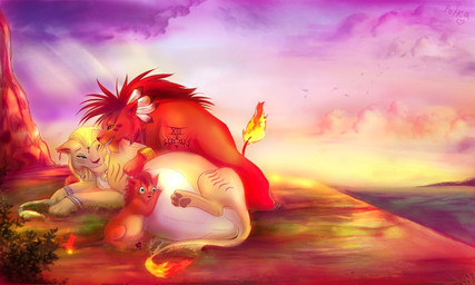 3_toes 4_fingers accessory age_difference anklet belly bent_legs big_belly black_nose blonde_hair blue_eyes brown_markings brown_pawpads canon_x_oc canyon cheek_lick cloud cloudy_sky digitigrade ear_piercing evening eyelashes face_lick family featureless_crotch feet female female_feral feral fingers fire flaming_tail fur fur_markings gold_(metal) gold_anklet gold_jewelry grass grey_anklet group hair hair_accessory hair_ring heart_symbol holidays jewelry larger_female larger_feral larger_male leg_markings licking lidded_eyes light looking_at_another looking_at_partner love lying lying_on_ground male male_feral markings medium_hair multicolored_body multicolored_fur nude_male older_female older_feral older_male on_ground on_side one_eye_closed open_mouth open_smile orange_eyes outside pawpads piercing pink_tongue plant pregnant pregnant_female pregnant_feral purple_cloud quadruped red_body red_fur red_hair red_nose red_tail rock sitting sitting_on_ground size_difference sky smaller_feral smaller_male smile smiling_at_another smiling_at_partner tail tan_body tan_fur toes tongue trio white_body white_fur wide_eyed young young_feral young_male younger_feral younger_male black_kitty final_fantasy final_fantasy_vii square_enix valentine's_day fan_character noxie's_brother_(hept) noxie_(hept) red_xiii felid lion mammal pantherine 2011 5:3 colored digital_drawing_(artwork) digital_media_(artwork) english_description lighting shaded signature brother_(lore) brother_and_sister_(lore) sibling_(lore) sister_(lore)