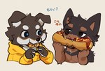 anthro chibi clothing duo floppy_ears food hoodie hot_dog male simple_background topwear white_background mintealon canid canine mammal hi_res