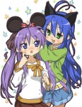 blue_eyes blue_hair blush bottomwear clothed clothing duo fake_cat_ears fake_ears fake_mouse_ears female female/female green_eyes hair human_only long_hair not_furry purple_hair shirt shorts simple_background star topwear white_background kink_(artist) lucky_star kagami_hiiragi konata_izumi human mammal grandfathered_content