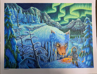 ambiguous_gender aurora_(phenomenon) backpack black_nose clothed clothed_ambiguous clothing duo_focus feral group night outside plant snow tree witchofavalon world_of_ruen canid human mammal 2025 hi_res traditional_media_(artwork)