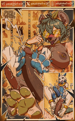 2_horns 4_toes abs anklet anthro armlet big_breasts blue_body blue_eyes blue_pawpads blue_penis bodily_fluids bracelet breasts brown_body brown_fur claws clothing cock_vore collar cum cumshot dark_nipples dark_penis disembodied_foot dripping duo ear_piercing egyptian egyptian_clothing ejaculation erection eyeshadow eyewear feet foot_fetish foot_play footjob fur genital_fluids genitals glasses gold_(metal) gold_anklet gold_armlet gold_bracelet gold_collar gold_glasses gold_jewelry gold_piercing gold_ring green_eyes green_hair green_pawpads green_tail grin gynomorph hair heart_symbol horn intersex intersex/male jewelry leaf leaf_tail looking_at_genitalia looking_at_penis makeup male metal_collar multicolored_body multicolored_fur muscular muscular_intersex navel pawpads penile penis piercing precum precum_drip ring round_glasses sex smelly smile soles spiked_tail spikes spikes_(anatomy) tail tattoo text throbbing throbbing_penis toes tongue tongue_out twitching two_tone_body usekh vore white_body pea4thefre2h mythology oushin peacheart_(character) dragon hyena mammal mythological_creature mythological_scalie scalie absurd_res english_text hi_res