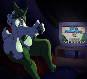 anthro areola big_breasts breasts controller electronics eyelashes female front_view fur game_console green_areola green_body green_fur green_nipples holding_controller holding_object huge_breasts looking_at_viewer mask monster_energy_can navel nipple_piercing nipples nude open_mouth overweight overweight_female piercing pink_eyes pink_nose sitting solo unfunnybill donkey_kong_(series) metroid monster_energy nintendo nintendo_entertainment_system pokemon super_mario_bros._3 diddy_kong donkey_kong_(character) samus_aran generation_9_pokemon meowscarada pokemon_(species) absurd_res hi_res