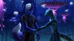 anthro arrow_(weapon) bandage bow_(weapon) duo fluffy forest male neckfluff plant pockets ranged_weapon shirtless striped_body stripes tail tattoo tree weapon geewolf james_cameron's_avatar canid canine canis gecko lizard mammal reptile scalie wolf 2023 digital_drawing_(artwork) digital_media_(artwork) hi_res
