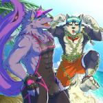 anthro biped bulge chain clothing duo eyewear goggles hat headgear headwear kemono male muscular muscular_male swimming_trunks swimwear tight_clothing visor_cap wetsuit simamanta lifewonders tokyo_afterschool_summoners bathym_(tas) garmr_(tas) canid canine canis demon domestic_dog mammal wolf 1:1 hi_res