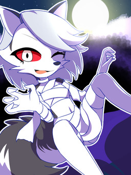 adolescent anthro chibi female holidays loli midriff mummy_costume mummy_wrappings one_eye_closed sky solo young young_anthro buckhori_hardker halloween hellaverse helluva_boss mythology loona_(helluva_boss) canid canid_demon canine demon hellhound mammal mythological_canine mythological_creature 3:4 absurd_res colored hi_res