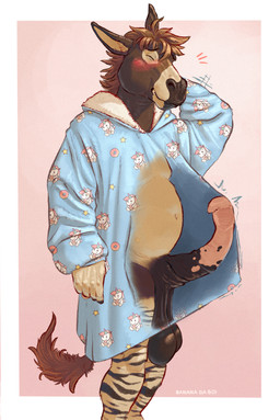 animal_genitalia animal_penis anthro balls big_balls big_penis blush bulge clothing clothing_bulge equine_genitalia equine_penis erection erection_under_clothing fur genitals hair huge_balls huge_penis male mane mane_hair oversized_clothing oversized_topwear penis saggy_balls simple_background smile solo standing tail topwear uneven_balls banana_da_boi sean_(kofichee) asinus donkey equid equine mammal absurd_res digital_media_(artwork) hi_res