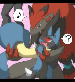 ambiguous_gender anthro anthro_on_anthro black_body black_fur blue_body blue_fur blush duo exclamation_point eye_contact fur interrobang looking_at_another question_mark red_eyes spikes tail tongue tongue_out yellow_body yellow_fur satsuki_rabbit nintendo pokemon canid canine generation_4_pokemon generation_5_pokemon lucario mammal pokemon_(species) zoroark 2011