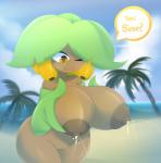 amber_eyes anthro areola armwear banana beach big_areola big_breasts big_nipples bodily_fluids breasts brown_body clothed clothing detailed_background female food fruit genitals green_hair hair huge_areola huge_breasts huge_nipples lactating leaf leaf_hair looking_down nipples non-mammal_breasts not_furry nude one_eye_closed outside palm_tree plant plant_hair pseudo_hair puffy_areola puffy_nipples pussy sand seaside short_stack sky solo speech_bubble standing tears text thick_thighs thigh_gap tree water elfdrago tami_(elfdrago) elemental_creature elemental_humanoid flora_fauna humanoid plant_humanoid 2016 hi_res portuguese_text translated