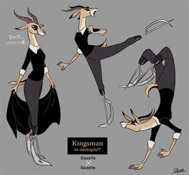 action_pose alternate_species amputee anthro clothed clothing disability eyelashes female fully_clothed handstand horn kick multiple_poses on_one_leg open_mouth pose prosthetic solo standing text upside_down rikuta_tp disney kingsman_the_secret_service zootopia gazelle_(kingsman) antelope bovid gazelle mammal crossover english_text japanese_text translated