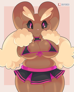 :3 anthro big_breasts bikini black_bikini black_bottomwear black_clothing black_sclera black_skirt black_swimwear border bottomwear breasts brown_body brown_fur clothing eyelashes female female_anthro front-tie_bikini fur glistening glistening_breasts glistening_thighs micro_bikini no_navel pink_background pink_eyes pink_nose simple_background skindentation skirt smile solo standing swimwear thick_thighs two-piece_swimsuit white_border onigiri_punch nintendo pokemon generation_4_pokemon lopunny pokemon_(species) absurd_res hi_res