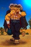 3_heads accessory anthro bandage bandaged_arm bandaged_foot barefoot belt belt_buckle big_feet big_muscles black_claws bodily_fluids buckle bulge cape claws clothing coat coat_cape desert feet fur furgonomics gold_ring gold_rings hair hat headgear headwear holding_object huge_muscles ice jacket jewelry looking_down male multi_head multifur muscular muscular_anthro muscular_male ring sigh smile solo stressed sweat tail tail_accessory tail_jewelry tail_ring toe_claws topwear white_hair yellow_body yellow_fur rackun bandai_namco digimon european_mythology greek_mythology mythology bancholeomon canid canid_demon canine cerberus demon digimon_(species) felid hellhound lion mammal mythological_canine mythological_creature pantherine 2020 absurd_res hi_res