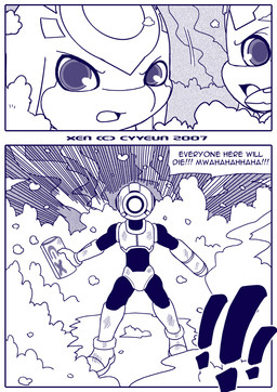 anthro armor clothing exclamation_point explosion footwear group headgear helmet holding_object laugh male open_mouth shoes smoke text trio cyyeun xen_(series) izzy_(xen) switch_(xen) alien human mammal 2007 artist_name blue_and_white comic dated english_text monochrome