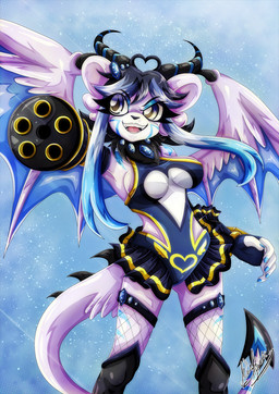 5_fingers aiming_gun aiming_weapon amber_eyes anthro black_body black_fur black_hair blue_markings clothing dres female fingerless_gloves fingers fishnet_clothing fur gatling_gun gem gloves gradient_eyes gun gun_arm hair handwear horn legwear machine_gun markings minigun neck_tuft ranged_weapon round_ears solo spade_tail spiked_tail spikes spikes_(anatomy) spread_wings standing tail tuft weapon weapon_arm white_body white_fur wings yukariasano velatis_ferio_caedo unknown_species 2026 hi_res signature