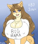 anthro big_breasts blue_eyes breasts brown_hair cleavage clothed clothing collarbone eyebrow_through_hair eyebrows female fur gradient_background hair huge_breasts long_hair motion_lines nipple_outline open_mouth open_smile shirt simple_background smile solo t-shirt tail tan_body tan_fur teeth text text_on_t-shirt tilde_after_text tooth_gap topwear translucent translucent_hair white_clothing white_shirt white_t-shirt white_topwear brian12 june_(jinu) canid canine canis domestic_dog mammal shiba_inu spitz 2018 artist_name digital_drawing_(artwork) digital_media_(artwork) english_description english_text