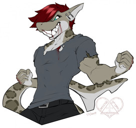 anthro blood blood_in_mouth bodily_fluids clothing ear_piercing fin grin hair half-closed_eyes industrial_piercing male markings narrowed_eyes piercing red_hair scales sharp_teeth shirt smile solo spots spotted_body spotted_markings spotted_scales t-shirt tail tail_fin tan_body tan_scales tan_spots teeth topwear kittydee zale_the_shark aquatic fish ground_shark leopard_shark shark triakid hi_res
