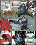 abs angry anthro bodily_fluids clothed clothing duo featureless_crotch fight forest fur gloves grey_body grey_fur grey_wings hair handwear male plant punch standing sweat sweatdrop text topless topless_male tree white_hair wings 60percentscalie dovak vauruk bat demon mammal scalie comic english_text hi_res