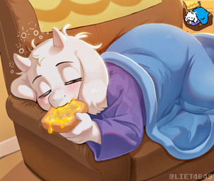anthro armchair bedding blanket blue_blanket blush blush_lines bread chair clothing eating eating_food eyes_closed female floppy_ears food fur furniture honey_(food) honey_toast horn hungover messy_fur purple_clothing solo sprite_redraw toast white_body white_fur liet4649 deltarune undertale_(series) chairiel toriel boss_monster_(undertale) bovid caprine goat mammal 2026 hi_res