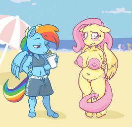 anthro areola beach big_areola big_breasts blue_body blue_eyes blush breasts chibi clothing drinking drinking_straw duo female genitals hair huge_areola multicolored_hair multicolored_tail nipples nude pink_hair pink_tail public public_nudity rainbow_hair rainbow_tail swimming_trunks swimwear tail vulva wardrobe_malfunction wings yellow_body ethanqix friendship_is_magic hasbro my_little_pony mythology fluttershy_(mlp) rainbow_dash_(mlp) equid equine mammal mythological_creature mythological_equine pegasus