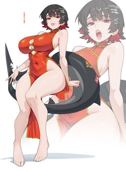 accessory asian_clothing barefoot big_breasts black_hair blowup_background breasts chinese_clothing chinese_dress clothing dress east_asian_clothing eyebrows eyelashes feet female glistening glistening_body glistening_skin hair hair_accessory open_mouth red_eyes red_hair shark_tail simple_background solo thick_thighs wide_hips melowh mihoyo zenless_zone_zero ellen_joe animal_humanoid aquatic aquatic_humanoid fish fish_humanoid humanoid shark_humanoid thiren 2026 absurd_res hi_res
