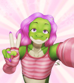 anthro arm_warmers armwear clothed clothing colored_nails crop_top femboy gesture green_body green_skin hair hand_gesture male nails pink_hair purple_eyes shirt smile smiling_at_viewer solo topwear v_sign pampermousse sammy_(sammyyboyy) lizard reptile scalie hi_res