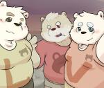 anthro belly blush clothing fur group humanoid_hands kemono male one_eye_closed outside overweight overweight_male shirt topwear white_body white_fur wink young young_anthro young_male awa_awa bear mammal 2020 hi_res