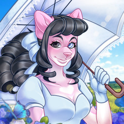 anthro black_eyes black_hair blue_eyes bow_ribbon curly_hair female field flower hair heterochromia nature nature_background parasol pink_body pink_nose plant ponytail pose solo spring umbrella vintage chrysanthemummy ambient_arthropod ambient_butterfly ambient_insect canid canine canis domestic_dog husky mammal nordic_sled_dog siberian_husky spitz icon low_res pinup portrait