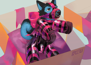 anthro arms_tied bdsm bitchsuit bondage_gear bound buckle bulge chastity_bulge chastity_device chicken-wing_tied collar frogtied gift helpless latex legs_tied lock lock_bulge lock_symbol looking_up male muzzle_(object) null_bulge ribbons solo uncomfortable_pose bassenji canid canine canis domestic_dog mammal hi_res