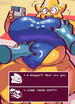 anthro beach beach_towel belly belly_grab big_breasts blue_body blush bodily_fluids braces breast_grab breast_squish breasts clothing delta_rune_(emblem) dialogue_box disembodied_hand duo eyewear female female/female flustered flying_sweatdrops freckles glasses hand_on_breast handheld_console holding_console huge_breasts navel_outline non-mammal_breasts one-piece_swimsuit open_mouth overweight overweight_anthro overweight_female sand solo_focus squish surprised sweat sweatdrop swimwear symbol text thick_thighs towel yellow_body bikopie! game_boy game_boy_family nintendo undertale_(series) alphys undyne fish lizard marine reptile scalie english_text signature