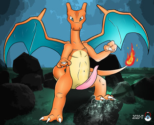 anthro erection genitals male penis solo standing wings the-cog nintendo pokemon charizard generation_1_pokemon pokemon_(species) hi_res