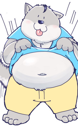 anthro belly big_belly black_nose blush bottomwear chibi clothed clothing clothing_lift fur grey_body grey_fur kemono male navel overweight overweight_male shirt shirt_lift shorts solo tail tail_motion tailwag tongue tongue_out topwear dain_4201 canid canine canis domestic_dog mammal 2025 3:5 hi_res