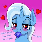 blush condom_wrapper female heart-shaped_pupils heart_symbol horn purple_eyes solo vomitvomiting friendship_is_magic hasbro my_little_pony mythology trixie_(mlp) equid equine horse mammal mythological_creature mythological_equine pony unicorn hi_res