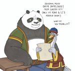 anthro beak bottomwear clothed clothing dialogue duo feathers fingers fur furniture hat headgear headwear holding_object male open_clothing open_mouth open_topwear overweight overweight_anthro overweight_male pants simple_background sitting size_difference smile standing table tail text topwear zzommie dreamworks kung_fu_panda li_shan_(kung_fu_panda) mr._ping anatid anseriform anserinae avian bear bird giant_panda goose mammal digital_media_(artwork) english_text