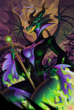 alternate_species anthro anthrofied back_wings black_body black_clothing black_dress breasts clothed clothing colored_fire curvy_figure dress female fire forked_tongue furrification green_fire green_light hand_on_hip holding_object holding_staff horn long_sleeves looking_at_viewer multicolored_body non-mammal_breasts open_dress open_mouth open_smile outside plant pose purple_body scales skimpy slim smile smoke smoke_from_nose solo staff tail thick_thighs tongue tree two_tone_body ventral_scales wide_hips wings yellow_tongue holivi disney mythology sleeping_beauty_(1959) maleficent dragon mythological_creature mythological_scalie scalie 2026 absurd_res digital_media_(artwork) digital_painting_(artwork) hi_res painting_(artwork) pinup